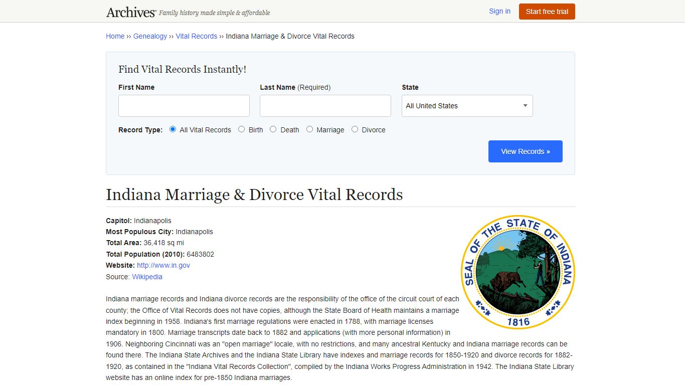 Indiana Marriage & Divorce Vital Records - Archives.com